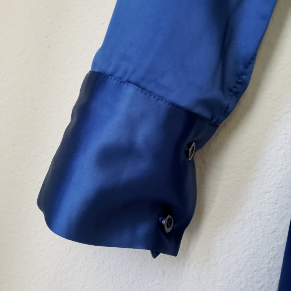 Sapphire Blue Long Sleeve Button Down Satin Effect Mini Dress - Picture 13 of 16